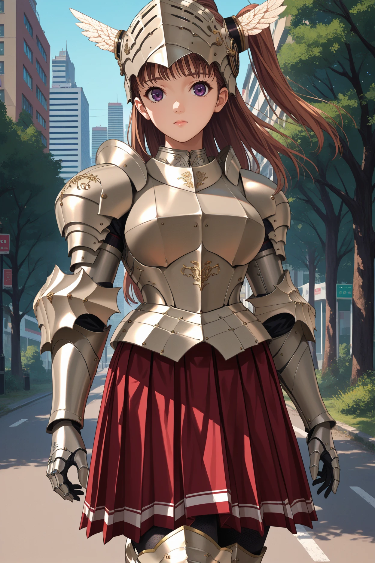 score_9, score_8_up, score_7_up, score_6_up, source_anime, 1girl, solo,  <lora:noelma-pdxl-nvwls-v1-000005:1> noelma, brown hair, purple eyes, helmet, armor, gauntlets, red skirt, pleated skirt, armored boots, big breasts, armored legwear, walking, trees, city, looking at you