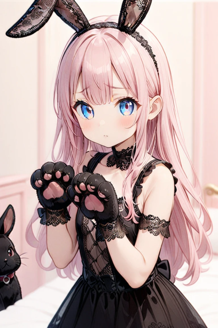 1girl,close up to ear ,pet pose,bedroom,pink hair,long hair, <lora:laceearsXL2:0.6> lace ears,black rabbit ears,detailed lace