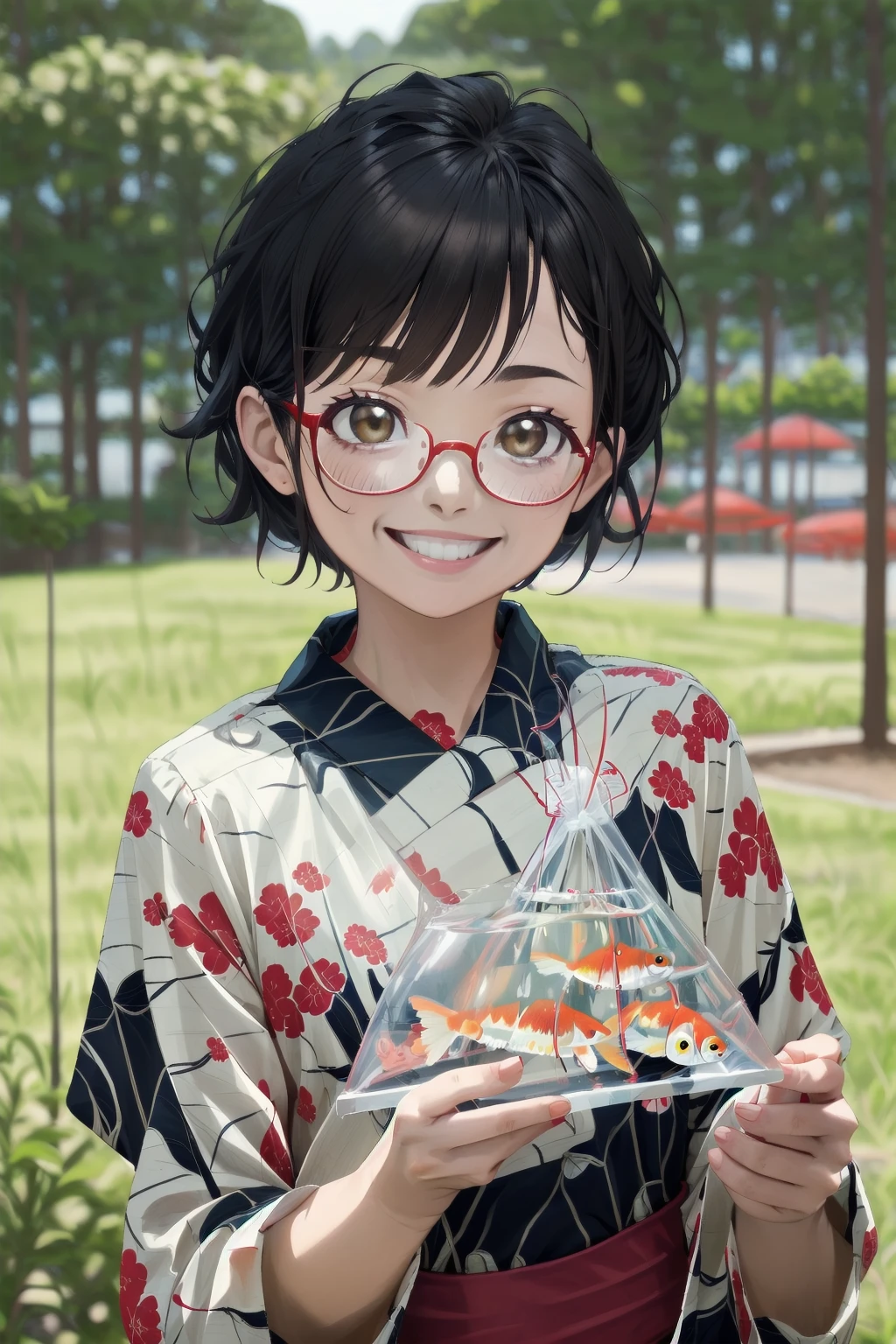 masterpiece, best quality, very aesthetic, absurdres,
(kingyofukuro, bagged fish:1.2), goldfish, smile, fish, 
1girl, solo, glasses, smile, yukata, short hair, looking at viewer, black hair, blurry background, upper body, uchiwa, Water balloon, uchiwa, bangs, 
 <lora:kingyo_fukuuro_SD15_V1:0.8>