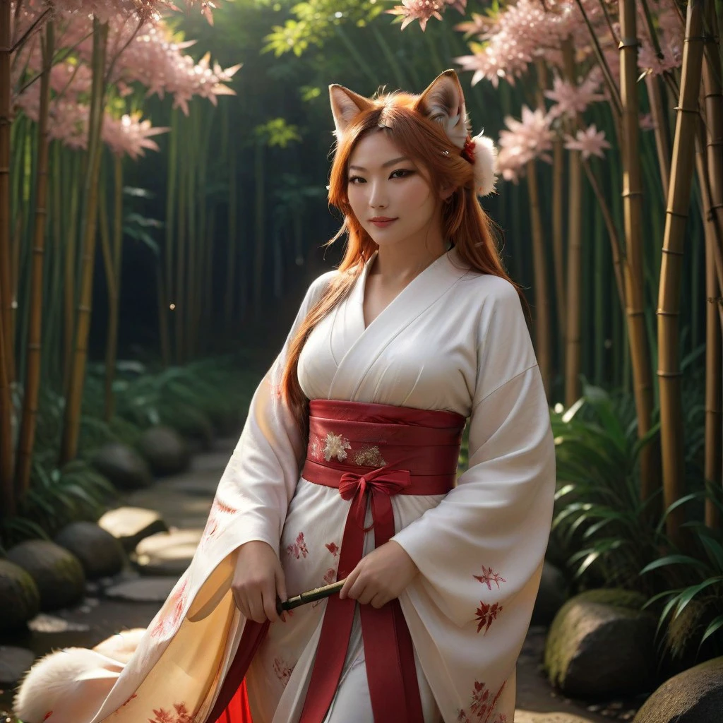 (Masterpiece,best_quality, hires,absurdres, ultra_detailed,8k_uhd,full_body_shot:1.3),(beautiful sexy Kitsune, large perky breasts, perfect goddess face, soft delicate lips, expressive captivating eyes:1.3), walking though a moonlit bamboo forest, falling cherry blossoms, vibrant radiation lighting