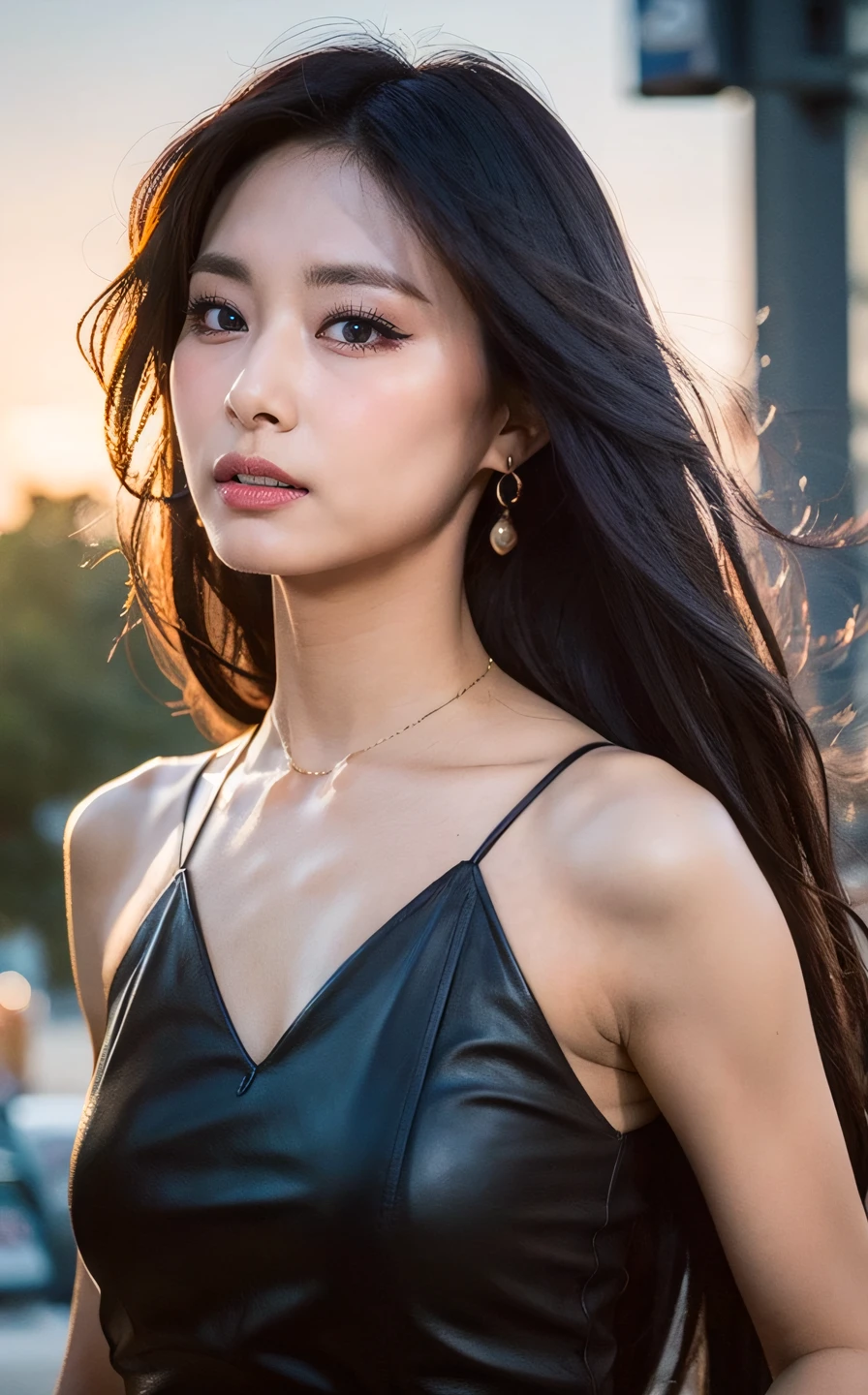 <lora:Tzuyu_V1:1> TzuYu,,,, (realistic), (hyperrealism), (photorealistic:1.4), 1girl, looking at the viewer, eye makeup, detailed eyes, detailed face, (upper body:1.2), detailed background, black dress, walking at the streets, sunset, (windy:1.2)