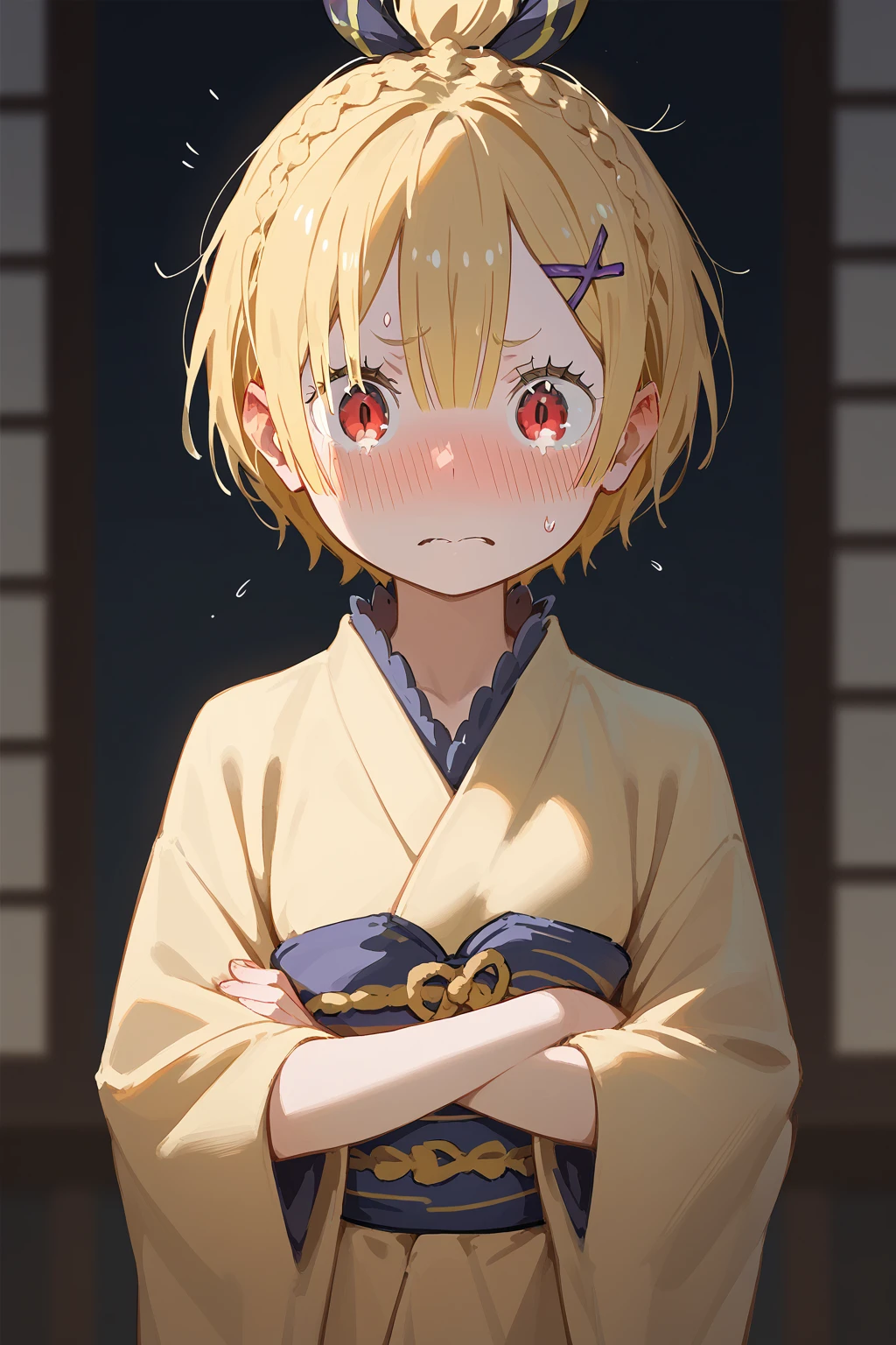 <lora:Felt_ReZero:1>, re:zero, felt, blonde hair, red eyes, kimono, arms crossed, embarrassed, (score_9,score_8_up,score_7_up)