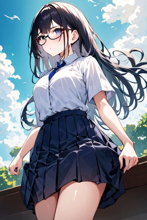 1girl,glasses,white shirt,blue skirt,neck tie , from very below shot,1girl,lowangle,sky,<lora:Thai_school_uniform_1.2:0.8>,