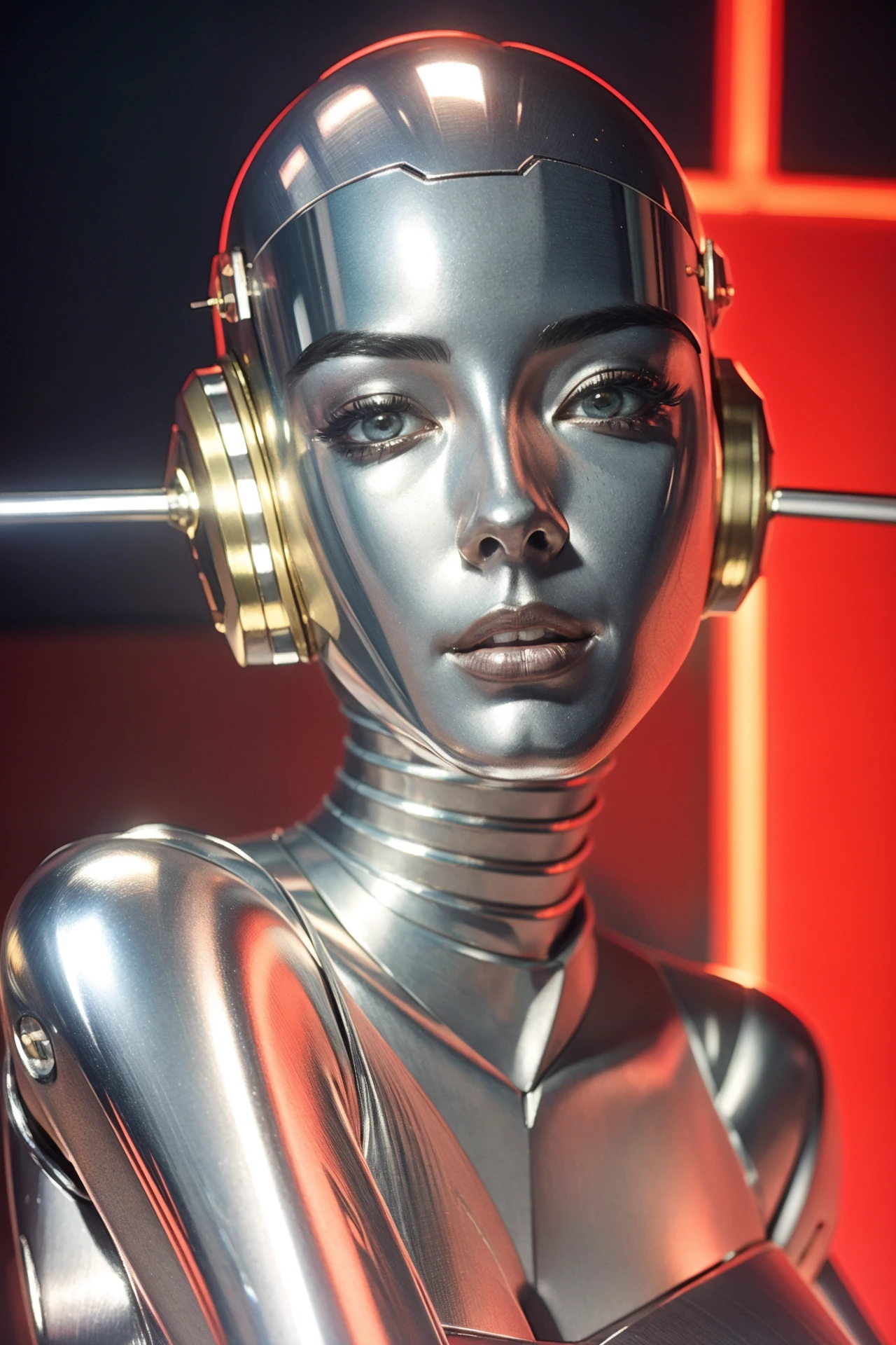 a woman in a silver suit sitting on a red light, hajime sorayama style, polished steel armor, japanese vhs cover art, daft punk, inspired by KanÅ Tan'yÅ«, seductive pose, by Hiromu Arakawa, cgi art, droids
<lora:Hajime_Sorayama_Robot_ArtStyle_640x960:0.75>