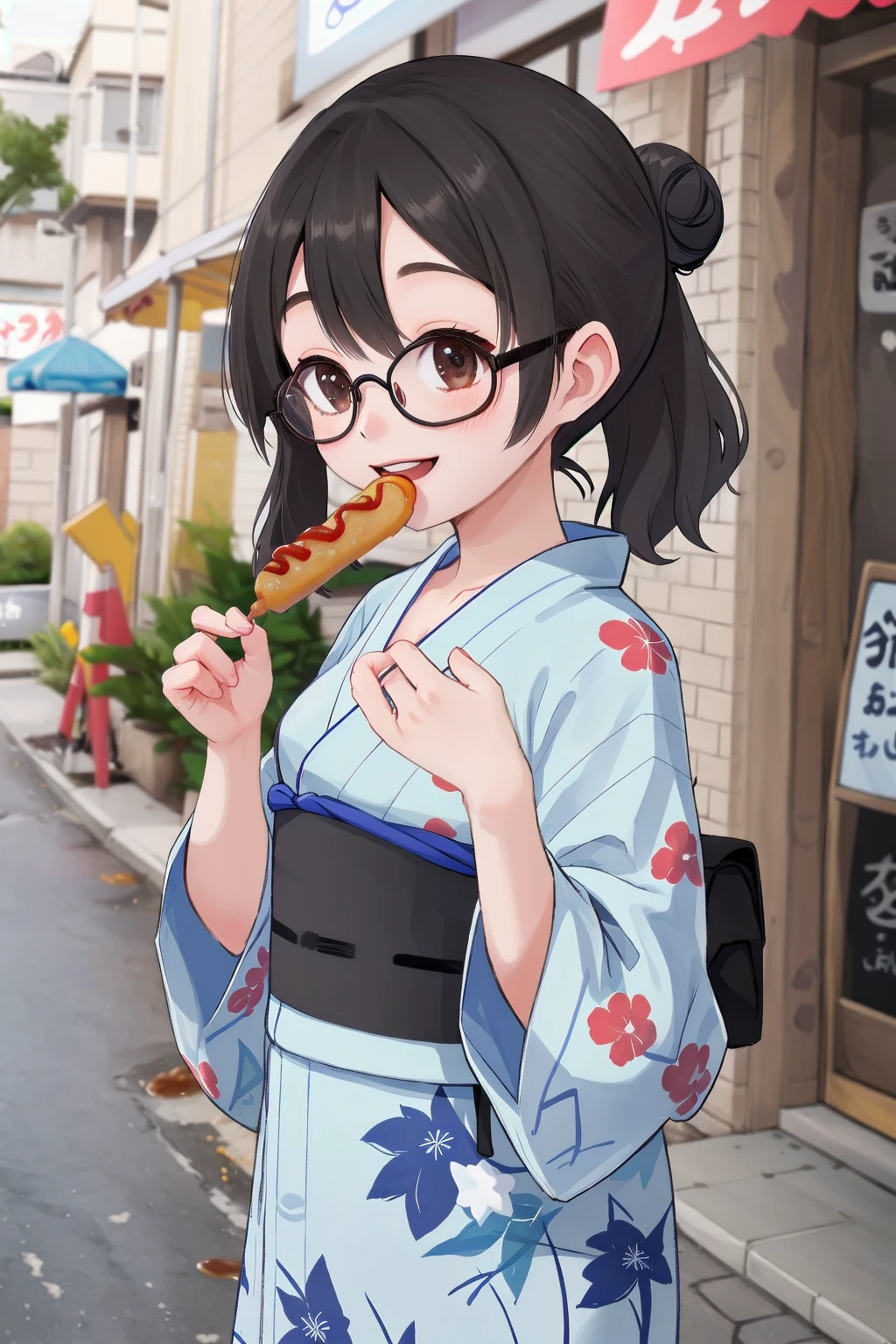 masterpiece, best quality, very aesthetic, absurdres, 
1girl, solo, glasses, black hair, short hair, hair bun, yukata, happy, smile, holding, holding food, food, outdoors, depth of field, blurry background,
american_dog, skewer, ketchup
 <lora:american_dog_SD15_V1:0.8>