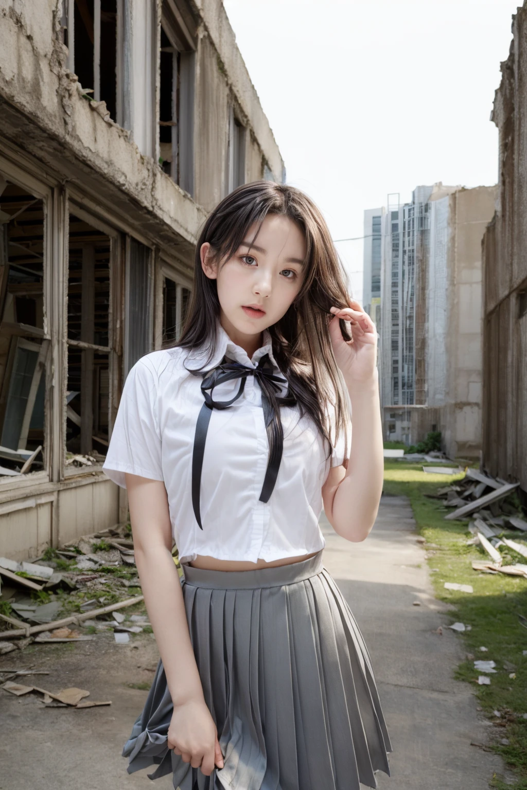 (8k, RAW photo, best quality, masterpiece:1.2,),Realistic,best quality,masterpiece,8K,HDR,RAW,1girl,seductive expression,charming,solo,(model:1.2),(standing),(solo),(Ruins, run-down buildings, abandoned buildings,),large breasts,front view,Looking at the audience,school uniform,bow tie,