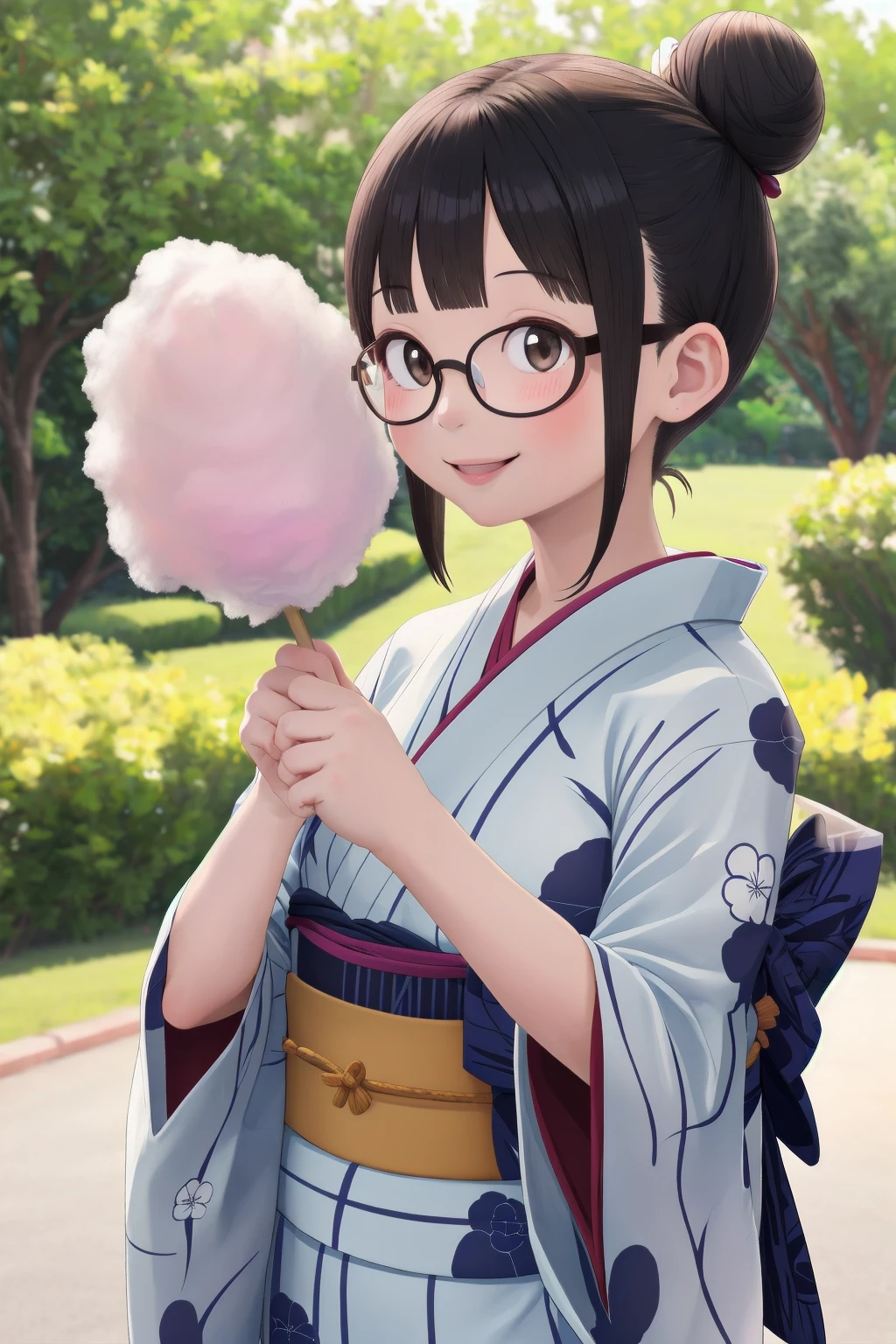 masterpiece, best quality, very aesthetic, absurdres, glasses,
1girl, solo, glasses, black hair, short hair, hair bun, yukata, happy, smile, holding, holding food, upper body, 
holding, holding food, food, cotton candy, outdoors, depth of field, blurry background,
 <lora:wataame_SD15_V1:0.6>