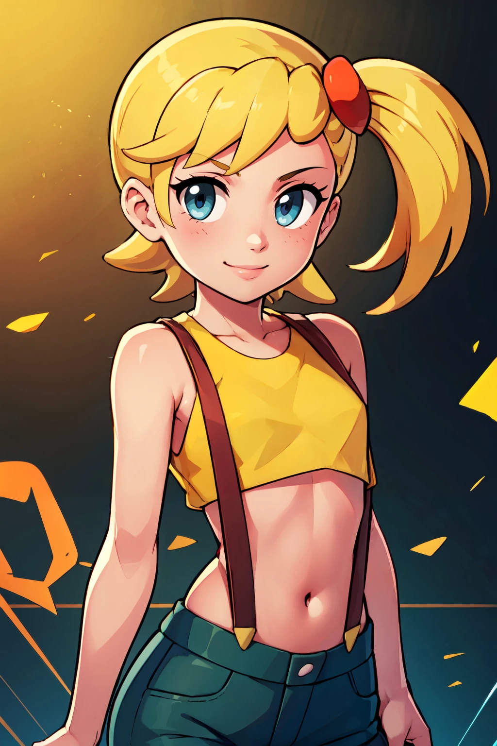 ((masterpiece,best quality)), absurdres,  BREAK, , <lora:Bonnie_Pokemon:0.8>, zzBonnie, blonde hair, blue eyes, short hair, side ponytail, , BREAK,  <lora:Misty_Pokemon_Cosplay_v3:0.8>,  misty (pokemon) (cosplay), yellow crop top, suspenders,, BREAK, solo, smile, looking at viewer, cowboy shot,