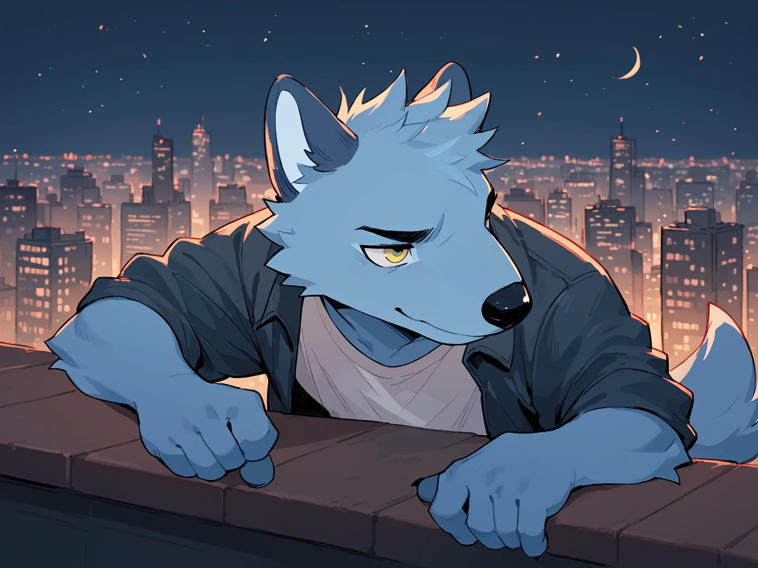 score_9, score_8_up, score_7_up, high quality, hires, blue body, yellow eyes, solo, furry male, looking at another, adult, <lora:Rae__VK_sticker__Ð ÑÐ¹:1>, night cityscape