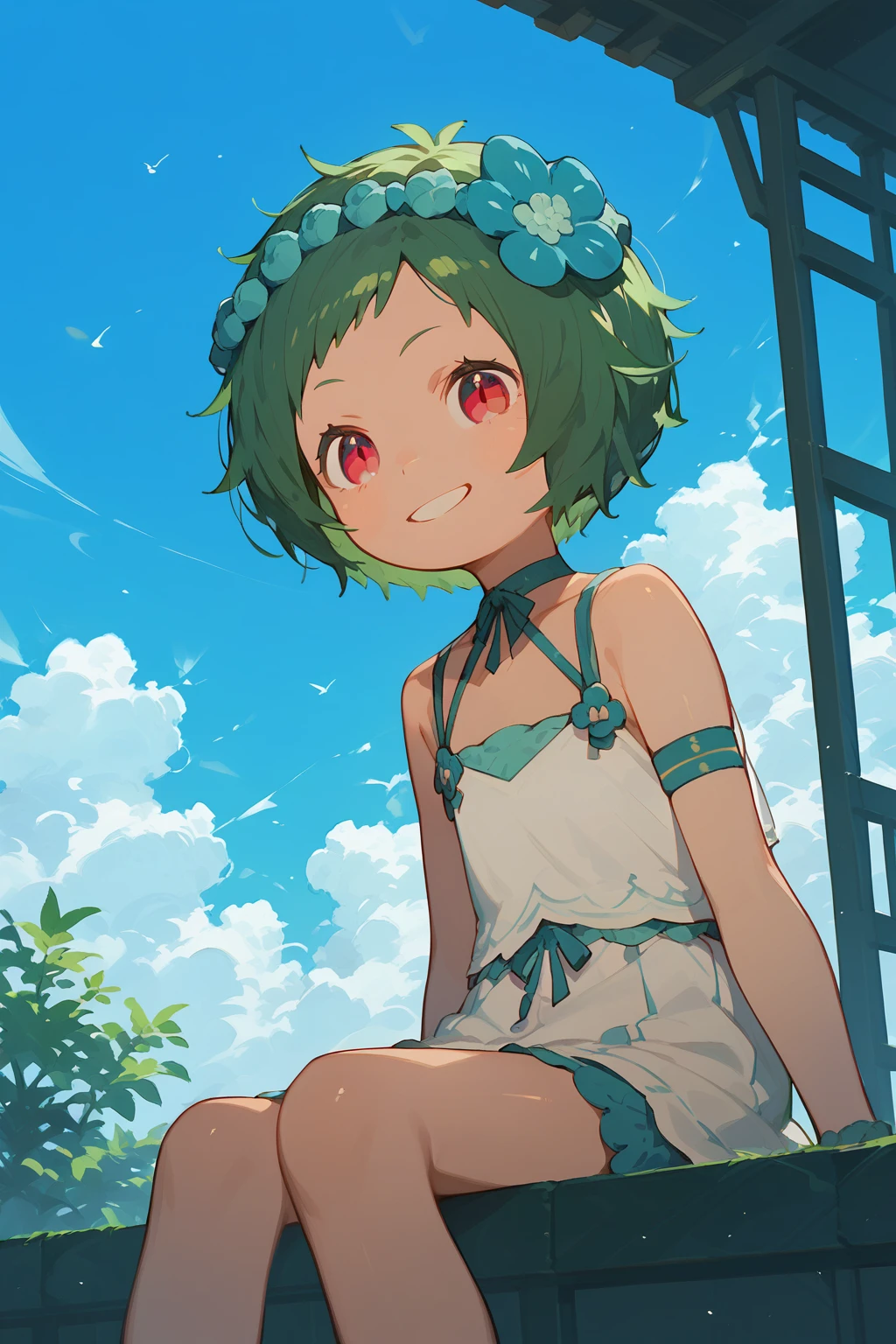 green hair, short hair, red eyes, typhon, smile, sitting, blue sky <lora:Typhon_Rezero:1>, (score_9,score_8_up,score_7_up)