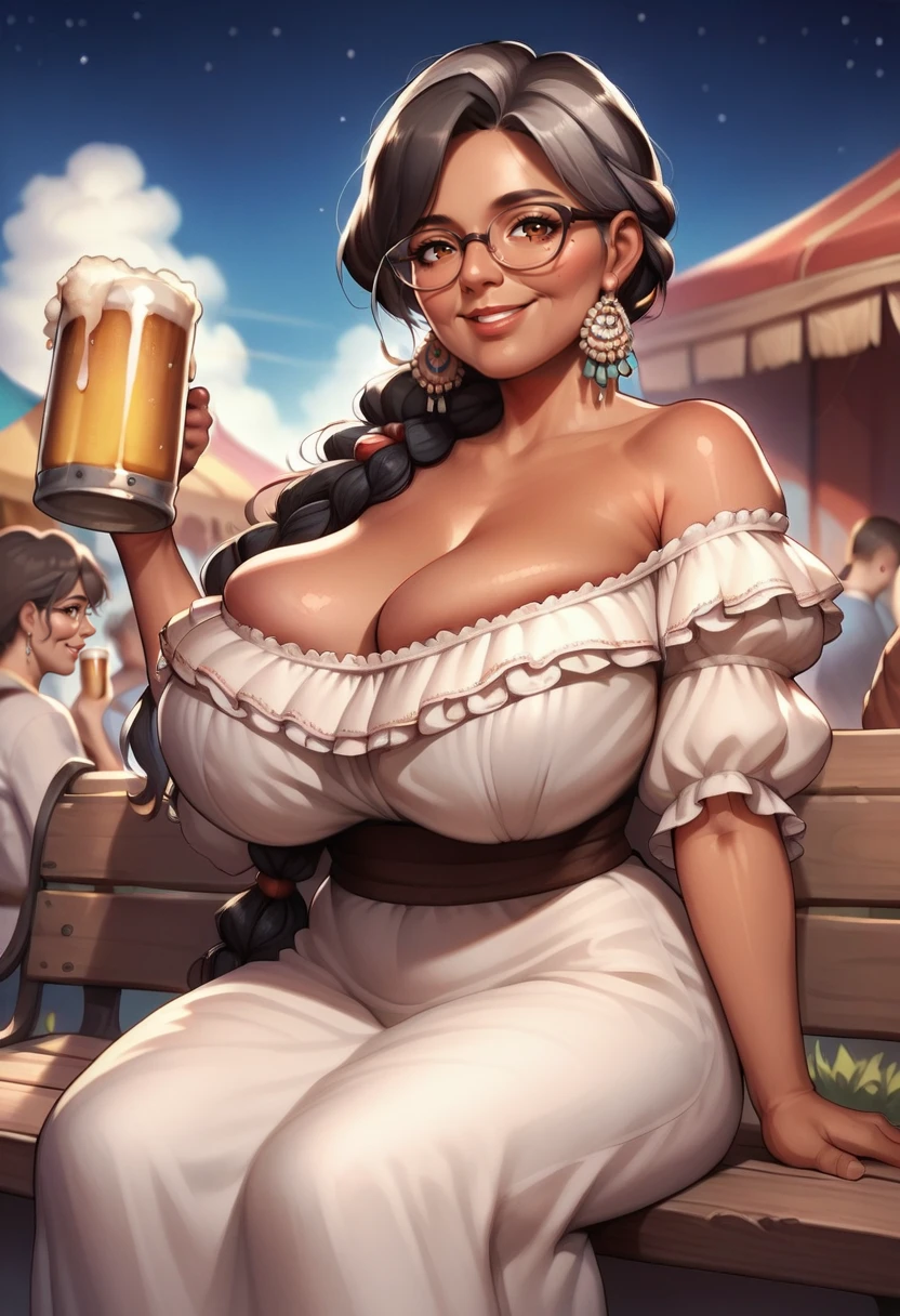 naniwaifu, long hair,let down hair, german dress, , dark skin, black eyes, ponytail,, cleavage, octoberfest, (octoberfest, traditional german clothes, octoberfest, dirindl), beer hall, resturant, smile, holding a tray of beers, upper body focus, large breasts, nipples, slutty, exposed breasts, breasts out, sleeves, puffy shoulders,, beer steins, nipples, slutty, bare legs, gigantic breasts, sagging breasts, blouse, cleavage, nipples