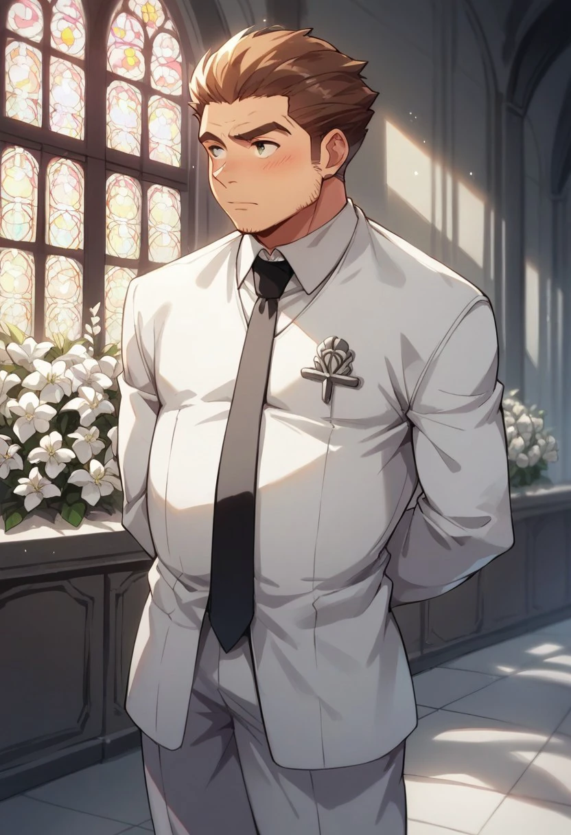 score_9, score_8_up, score_7_up, source_anime, rating_safe, white flowers, Tonunter, 1boy, male focus, looking away, blushing, closed mouth, hands behind back, white formal suit, black necktie, indoors church, wedding,