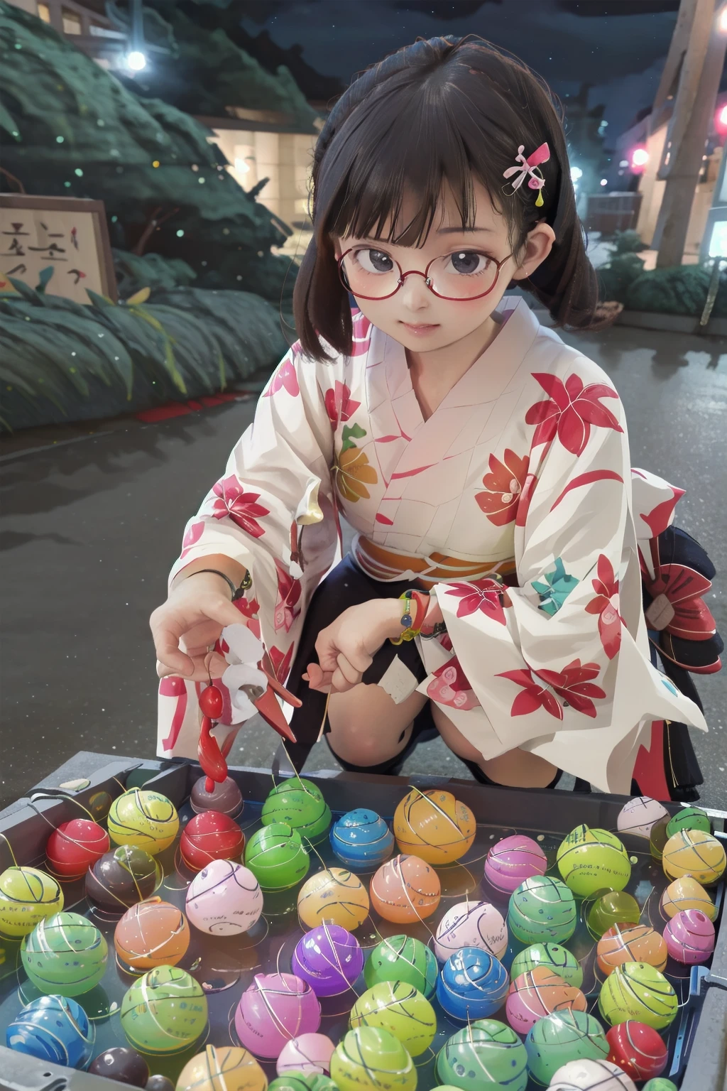 masterpiece, best quality, very aesthetic, absurdres,
mizufusen, 1girl, glasses, black hair, yukata, bracelet, long sleeves, floral print, water balloon fishing, night, squatting, outdoors,
<lora:mizufusen_SD15_V1:1>