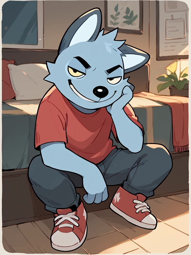 score_9, score_8_up, score_7_up, high quality, hires, 1boy, solo, blue body, furry, yellow eyes, red shirt, full body, looking at viewer, smug, <lora:Rae__VK_sticker__Ð ÑÐ¹:1>, room