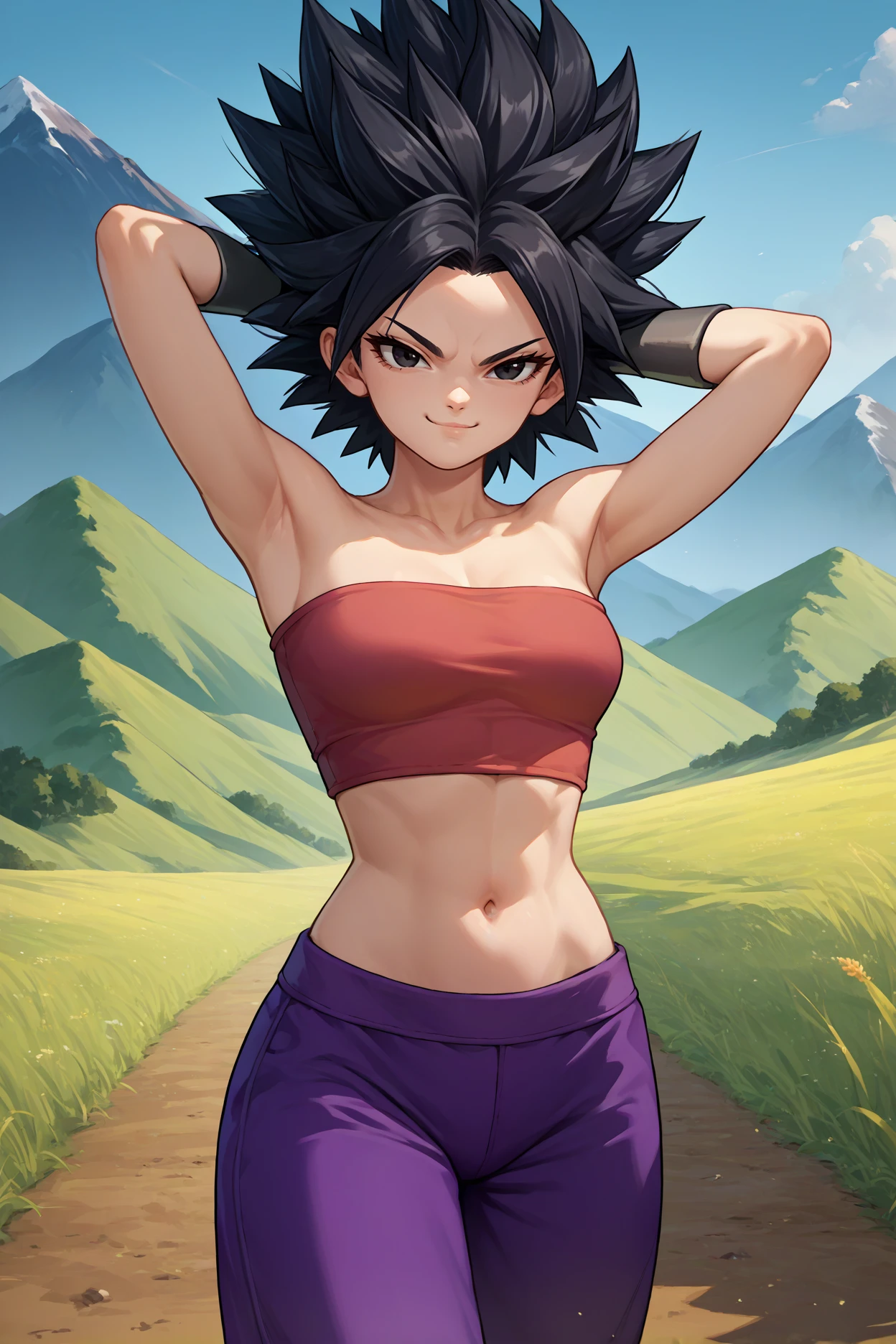 score_9, score_8_up, score_7_up, score_6_up, source_anime, 1girl, solo,  <lora:caulifla-pdxl-nvwls-v1-000007:1> defCal, black hair, black eyes, tube top, midriff, purple pants, bracers, looking at you, arms behind head, smug, looking at you, walking, field, mountains