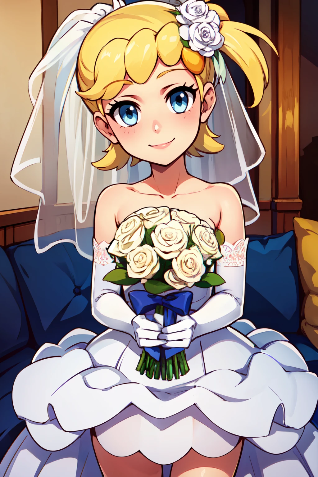 ((masterpiece,best quality)), absurdres,  BREAK, , <lora:Bonnie_Pokemon:0.8>, zzBonnie, blonde hair, blue eyes, short hair, side ponytail, , BREAK, bride, wedding dress, bridal veil, strapless dress, elbow gloves, holding bouquet,, BREAK, solo, smile, looking at viewer, cowboy shot,