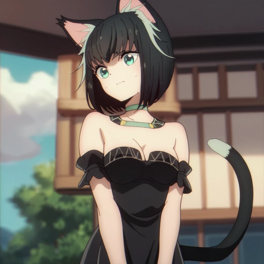 score_9, score_8_up, score_7_up, score_6_up, score_5_up, score_4_up, source_anime, , Tama, cat girl, black hair, black dress