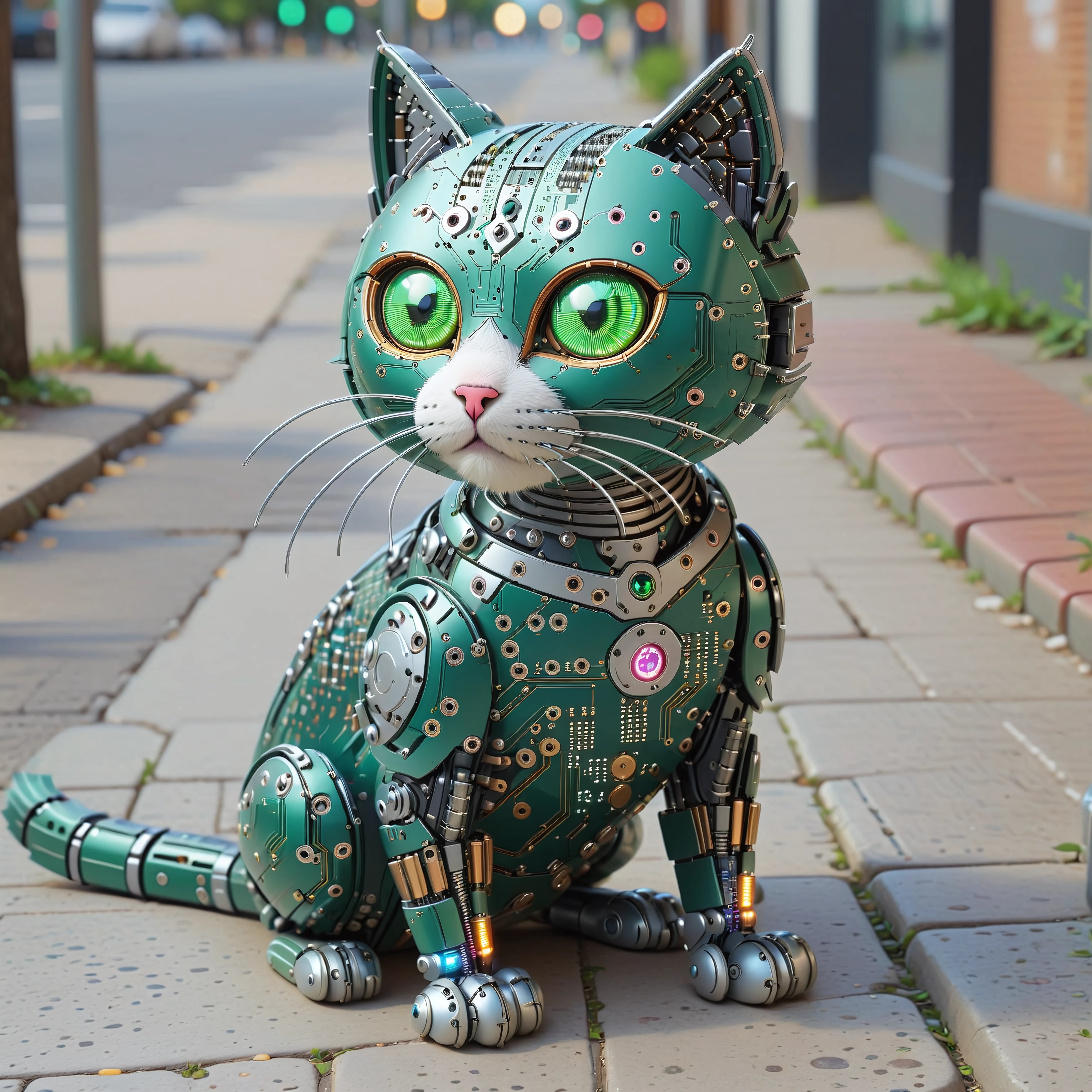 pcb_style, cat, animal, cute, sitting on sidewalk, cyborg, robot hybrid, <lora:Styles\SDXL\PCB_Style_[SDXL]_-_Snoodler>