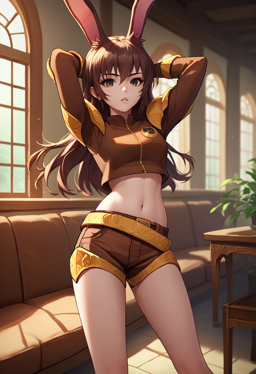 score_9, score_8_up, score_7_up, source_anime, solo, 1girl, velvetscarlatina, parted lips, looking at viewer, standing, arms behind head, animal ears, brown jacket, cropped jacket, shoulder armor, long sleeves, brown shorts, belt, navel, bare legs, indoors <lora:rwby_velvetscarlatina_ponyXL:1>