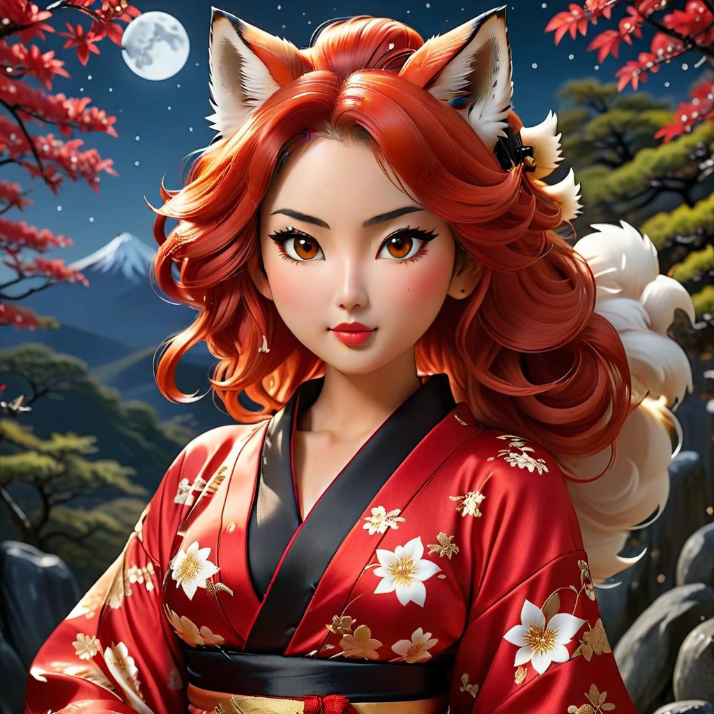 (masterpiece,best quality,ultra_detailed,highres,absurdres:1.2), canon ef 40mm shot, sharp focus, Full body Playmate shot:1, Beautiful Kitsune, Goddess face, large breasts, shiny pinned up hair, captivating eyes, Perfect anatomy, Intricately detailed red and black silk kimono, hand raised  to chin, ultra detailed Japanese mountain shrine, starry moonlit sky,  warm radiant lighting, view from above