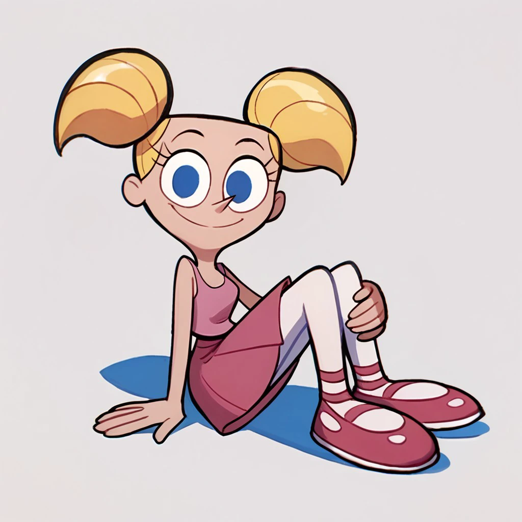 score_8, score_9, 1girl, dee dee, blonde hair, short twintails, blue eyes, ballet dress, barefoot, 5 toes, black toe nails, Focus full body, sitting on a chair, tied ankles together,tied arms,