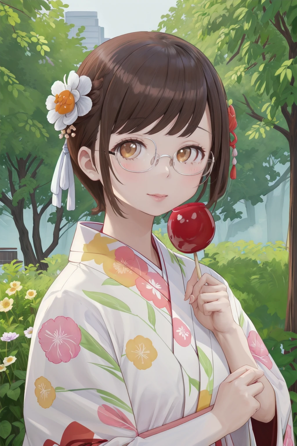 masterpiece, best quality, very aesthetic, absurdres, glasses,
ringoame, 1girl, food, brown hair,  japanese clothes, kimono, candy apple, hair ornament, looking at viewer, hair flower, brown eyes, flower, holding food, upper body, holding, short hair,  outdoors, bangs
<lora:ringoame_SD15_V1:0.8>