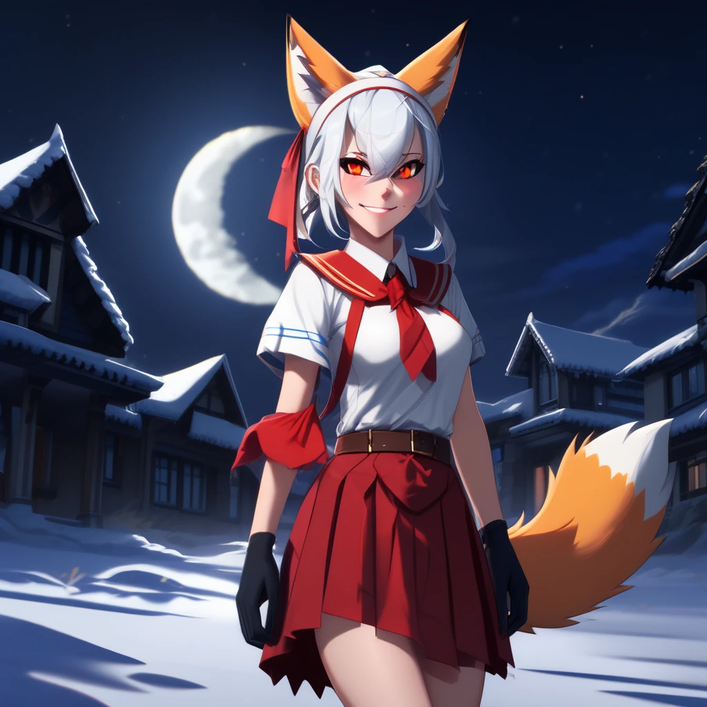 headband, blood on arm, moon, detached sleeves, school uniform, pelvic curtain, yellow eyes, lips, feet, sash, scenery, fox ears, sweat, smile, red eyes, blue skirt, white hair, headdress, sleeveless, bag, shoulder armor, night, clothing aside, snow, spikes