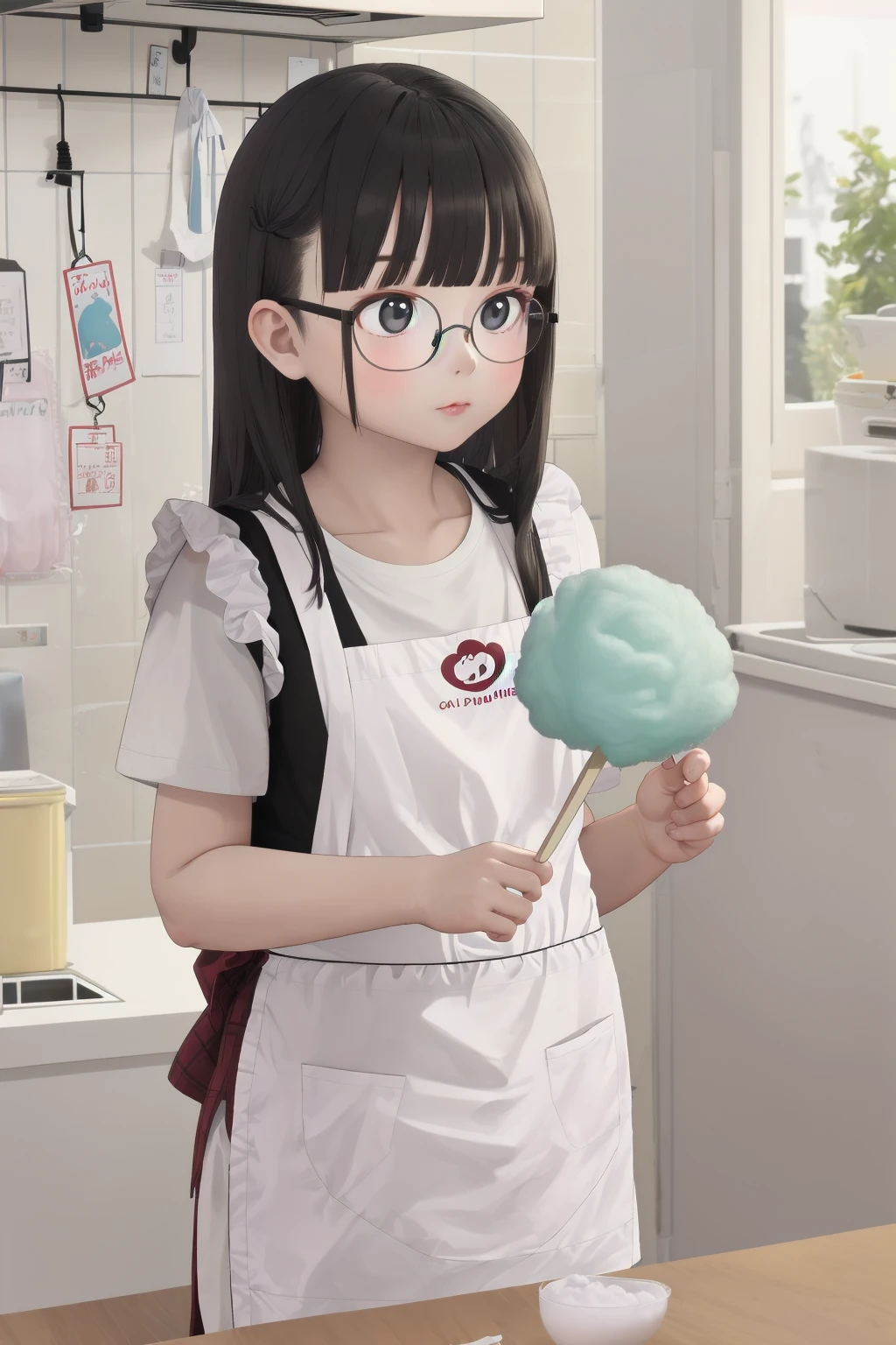 masterpiece, best quality, very aesthetic, absurdres, 
cotton candy, 1girl, solo, glasses, black hair, solo, long hair, apron, indoors, holding, shirt, food, white shirt, skewer, holding food
, cooking,  , cotton candy machine, 
 <lora:wataame_SD15_V1:0.8>