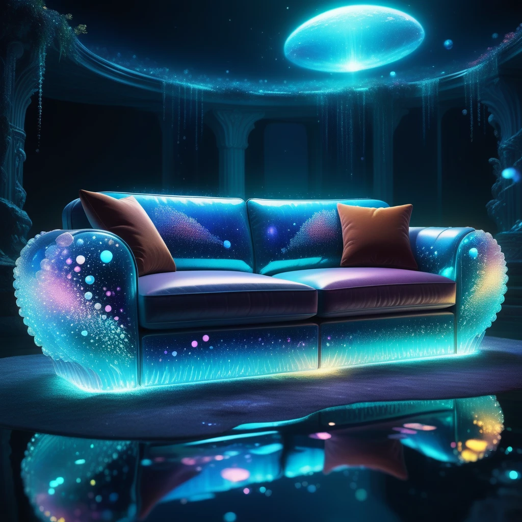 made out of Jed-Bwtrspkl, Concept art, Modular sofa, Wonder, atmospheric perspective, Technicolor, fantasy, <lora:BioWaterSparkleStyle:0.7>, ambient background, beautiful elegant, highly detailed, highly intricate, epic composition, confident, badge, cinematic atmosphere, deep aesthetic, surreal