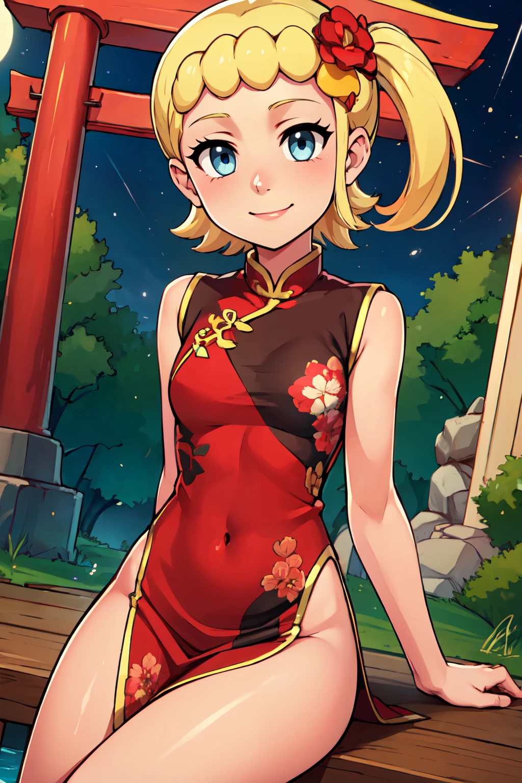 ((masterpiece,best quality)), absurdres,  BREAK, , <lora:Bonnie_Pokemon:0.8>, zzBonnie, blonde hair, blue eyes, short hair, side ponytail, , BREAK,  china dress, pelvic curtain, side slit, sleeveless, print dress, covered navel, no panties, outdoors, night, torii, shrine, east asian architecture, leaning forward, hand on own thigh, from above,, BREAK, solo, smile, looking at viewer, cowboy shot,