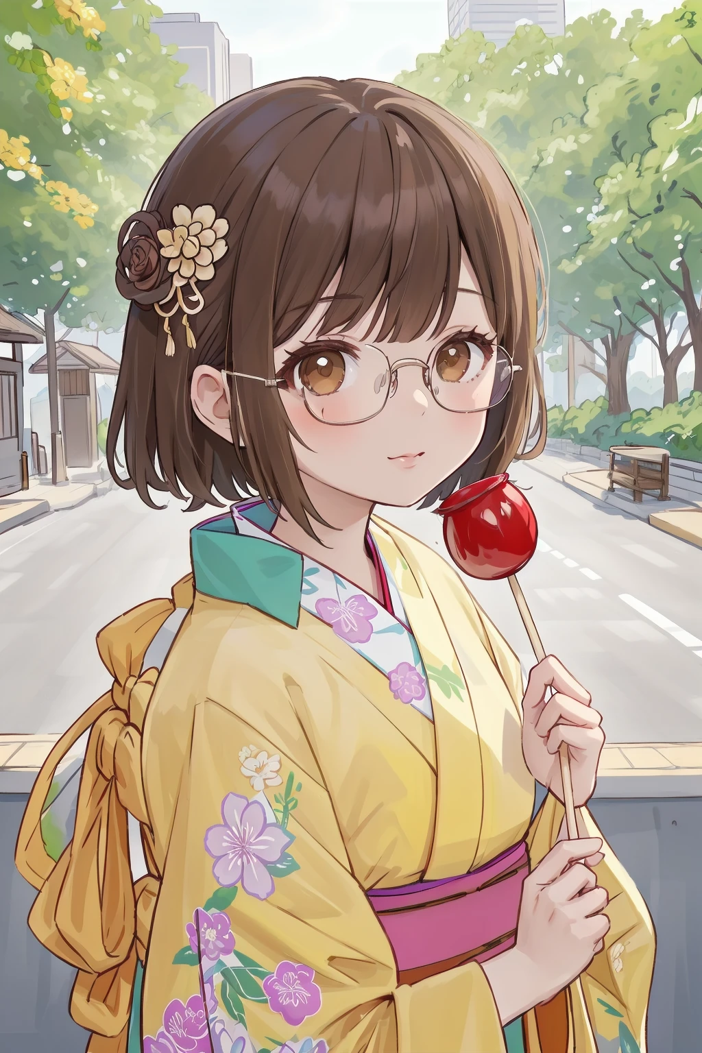 masterpiece, best quality, very aesthetic, absurdres, glasses,
ringoame, 1girl, food, brown hair,  japanese clothes, kimono, candy apple, hair ornament, looking at viewer, hair flower, brown eyes, flower, holding food, upper body, holding, short hair,  outdoors, bangs
<lora:ringoame_SD15_V1:0.8>