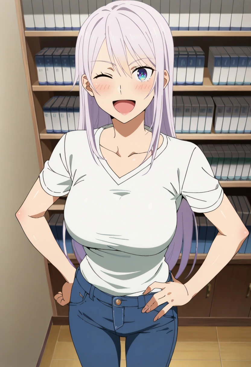 score_9, score_7_up, hd, (ultra hd quality details), source_anime, indoors, bookshelf, 
solo, 1girl, fdreona, very long hair, large breasts, anime screencap, 
white shirt, t-shirt, short sleeves, collarbone, pants, denim, jeans,
looking at viewer, blush, one eye closed, smile, open mouth, 
hand on own hip, pointing,
<lora:_kisaragi_reona-elesico-pony-05:1>