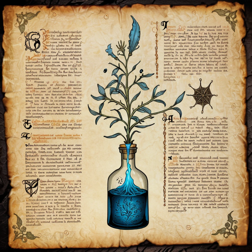 âAn illustrated medieval recipe for an alchemistâs brew, depicted on aged, weathered parchment with intricate details and muted colors. The high-resolution image reveals a blend of occult ingredients and elemental plants, each representing the four classical elements:
Air: Ethereal wisps of vapor and powdered crystal drift from a small, intricate vial labeled âEssence of Whispering Winds.â This vial is surrounded by delicate, feathery herbs known as âZephyr Blooms,â their pale blue leaves gently fluttering as if touched by an unseen breeze. The parchment bears elegant, flowing annotations detailing the use of these airy ingredients to imbue the brew with the ability to capture and harness the spirit of the wind.
Water: A section of the parchment is dedicated to âElixir of the Abyss,â a deep sapphire liquid contained in a glass phial that seems to glimmer with an inner light. Surrounding the phial are illustrations of âHydra Lilies,â water plants with translucent petals that resemble shimmering scales. Handwritten notes describe how these aqueous components are vital for infusing the brew with the power of the depths and the fluidity of water.
Earth: The lower portion of the parchment illustrates âHeart of Gaia,â a potion stored in an ornate, earth-toned clay bottle adorned with vines and precious stones. Nearby, sketches of âGolemâs Mossâ and âDragonrootâ â earthy, demonic plants with gnarled roots and dark, leafy fronds â are detailed. The recipe notes explain how these ingredients ground the brew in the strength and fertility of the earth, providing stability and endurance.
Fire: The right side of the parchment displays a flask containing âInfernoâs Heart,â a vibrant crimson liquid that appears to radiate heat. Surrounding the flask are depictions of âHellfire Blossoms,â demonic plants with petals that seem to flicker like flames. Intricate drawings and annotations describe how these fiery components are used to ignite the brew with raw energy and passion, harnessing the destructive and transformative power of fire.
The entire parchment is etched with mystical symbols and arcane scripts, with scratches and marks hinting at its ancient use. The illustrations, rendered in muted tones, capture the essence of medieval alchemy, blending realism with a touch of the occult. The parchmentâs borders are adorned with faded, gothic patterns, enhancing the historical and mystical ambiance of the alchemical recipe.â