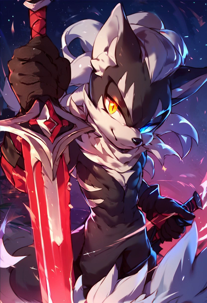 score_9, score_8_up, score_7_up, score_6_up, Zero the jackal, tail, heterochromia, gloves, boost, male, solo, looking at viewer, ally way, night, glowing eyes, sword, holding weapon