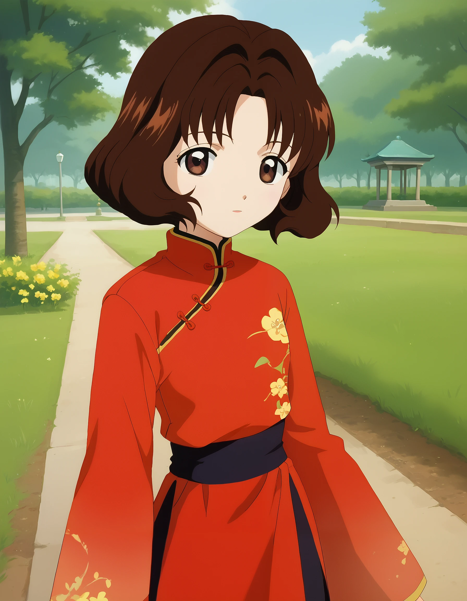 score_9, score_8_up, score_7_up, masterpiece, absurdres, source_anime, perfect anatomy,

1girl, solo, RikaSasaki, brown hair, short hair, bob cut, brown eyes,
chinese clothes, red shirt, red skirt, floral clothes,

good_hands,

outdoors, park, looking at viewer, cowboy shot,