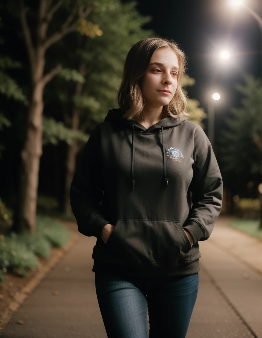 a beautiful woman walking down a deserted park trail at night wearing a black hoodie and jeans, stary sky, ((detailed face:1.2)), natural lighting, (masterpiece, best quality:1.4), realistic, photorealistic, absurdness, perfect lighting, sharp focus, 85mm lens, side lighting, vibrant, film still, photographed by Canon EOS R6, 135mm, 1/1250s, f/2.8, ISO 400,
BREAK, <lora:SarahV2:1>