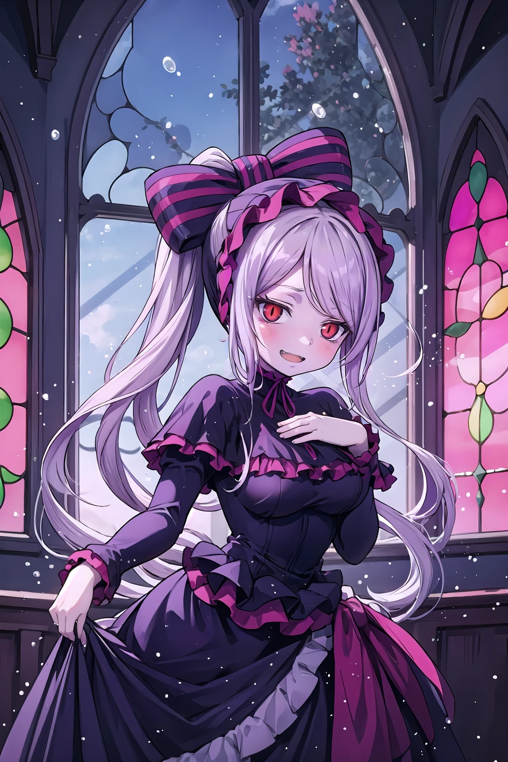 shalltear_Purple_bonnet_Purple_capelet_Purple_corset_Purple_skirt, shalltearbloodfallen, looking_at_viewer, large_breasts, solo, open_mouth, ponytail, sidelocks, long_hair, parted_lips, teeth, smile, tsurime, vampire, red_purple_striped_hair_bow, red_neck_ribbon, puffy_long_sleeves, frilled_sleeves, frilled_skirt, frilled_corset, frilled_capelet, red_waist_bow, layered_skirt, hand_on_own_chest, skirt_hold, floating_hair, standing, indoors, light_particles, gothic_church, stained_glass_window, day, <lora:Shalltear_Bloodfallen_V2:0.9>