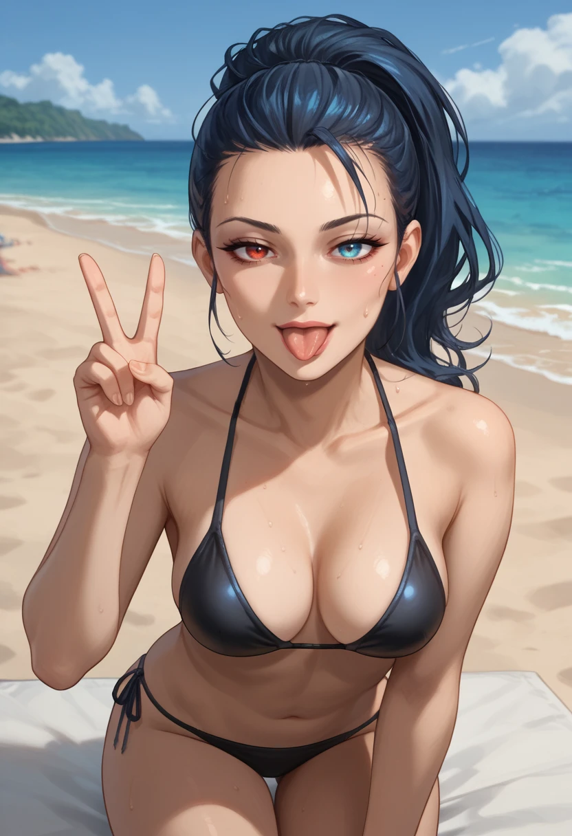 score_9, score_8_up, score_7_up,
best quality, masterpiece, ultra detailed,
<lora:Expressive_H:1>, 28 years old, mature, 
looking at viewer,  peace hand sing, 
<lora:Everlasting_Summer_Viola:0.7>, viola, ponytail hair, heterochromia eyes, left eye red, blue eye blue, blue eyes, heterochromia, ponytail, red eyes, black hair, blue hair, medium breasts, milf woman solo, 
expressive, sexy 28 year old tomboy goth, perfect body, fair skin, sexy face, thin eyebrows, half-closed eyes, tongue out, mascara, excited, sweating, slender legs, looking over shoulder, tugging bikini to the side, beach background, black bikini,
amazing background,