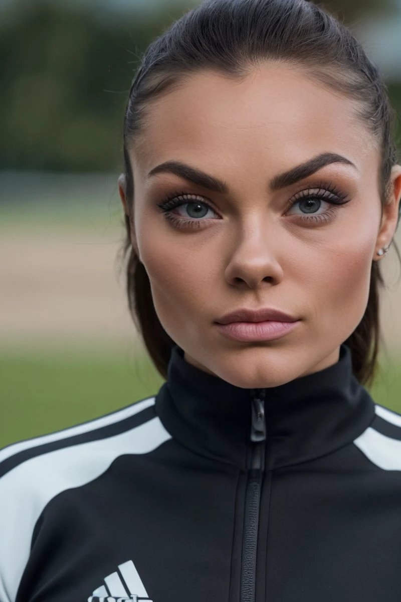 closeup headshot of S483_KamilaSmogulecka,a beautiful woman,on a (field:1.1),wearing a (tracksuit),(4k, RAW photo, best quality, 50mm, depth of field, ultra high res:1.1),(intricate, photorealistic, cinematic-shot, masterpiece, ultra-detailed:1.1),