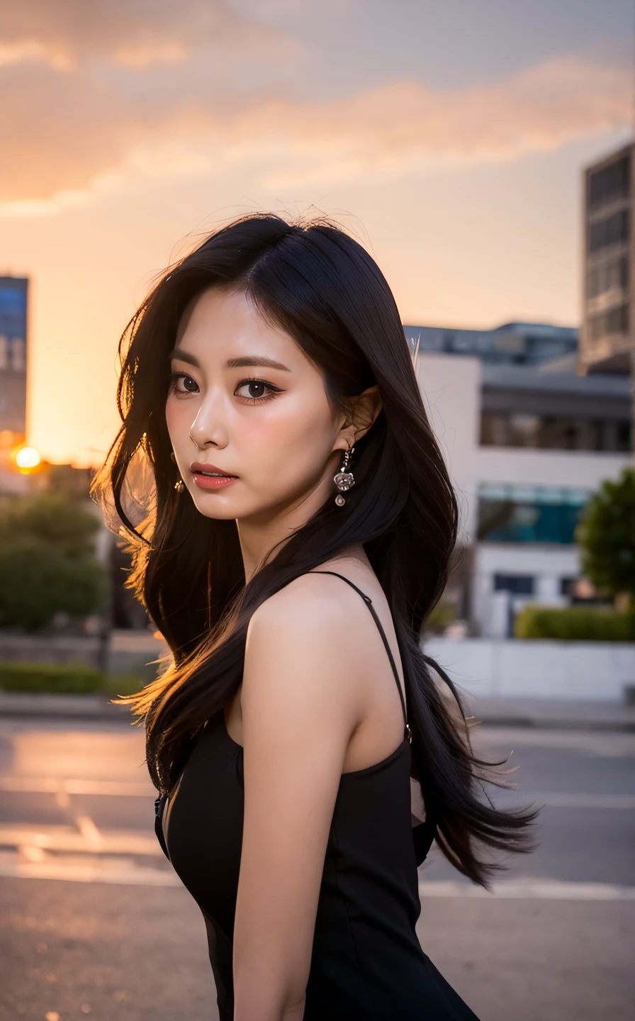 <lora:Tzuyu_V1:1> TzuYu,,,, (realistic), (hyperrealism), (photorealistic:1.4), 1girl, looking at the viewer, eye makeup, detailed eyes, detailed face, (upper body:1.2), detailed background, black dress, walking at the streets, sunset, (windy:1.2)