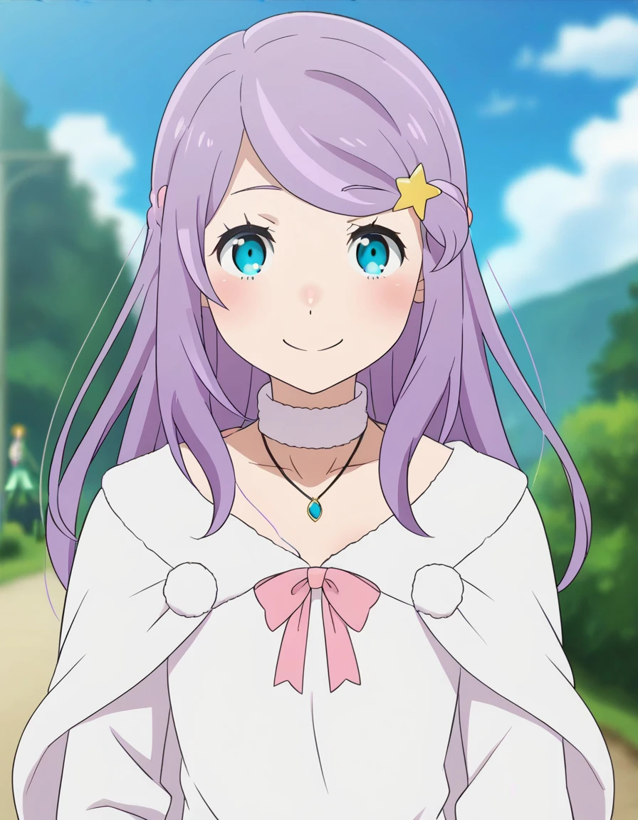 <lora:Anastasia_Hoshin_ReZero:1>, anastasia hoshin, purple hair, blue eyes, smile, solo focus, dress, blue sky, depth of field