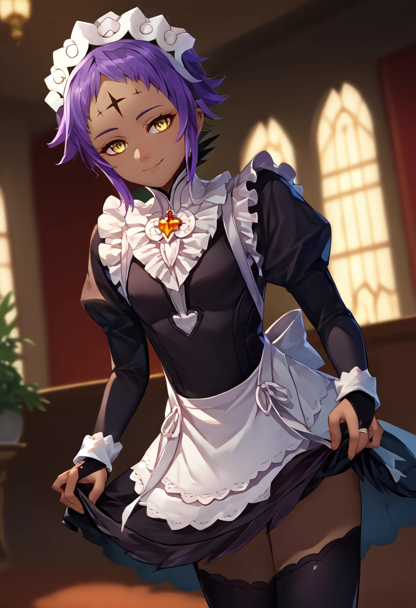 score_9, score_8_up, score_7_up, source_anime, solo, 1girl, roadkamelot, dark skin, facial mark, smile, closed mouth, looking at viewer, skirt hold, purple hair, yellow eyes, fates maid, maid headdress, maid apron, bridal gauntlets, black thighhighs, indoors <lora:dgrayman_kamelot_ponyXL:1> <lora:fatesmaid-fe-richy-v1_pdxl:1>