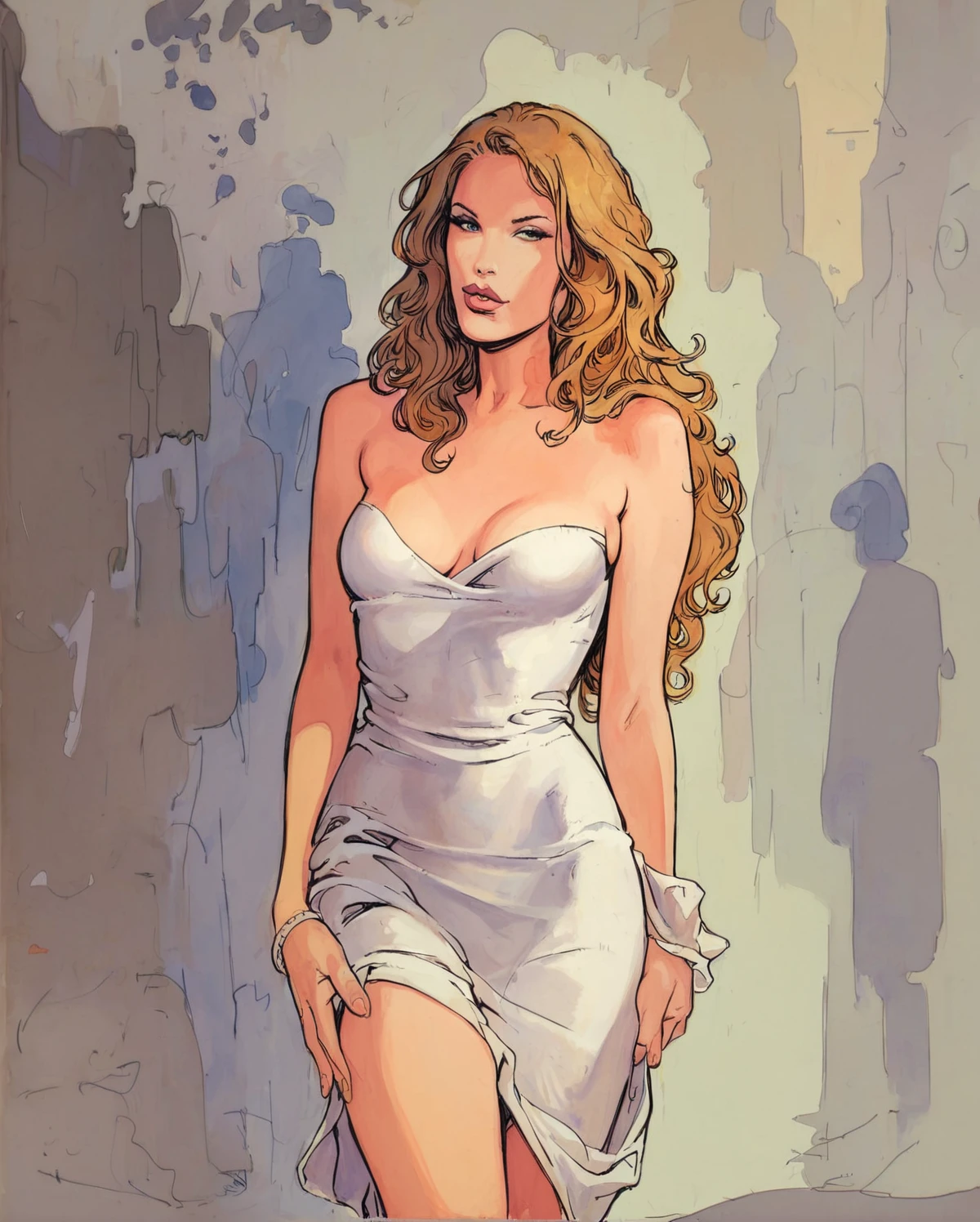 manara, 1girl, solo, long hair, traditional media, beautiful sexy woman standing on the street, in sexy pose, long hair, wearing evening dress, (cowboy shot:1.2) <lora:fallen_ai_PONY_MILO_MANARA_style:1>, zPDXL, score_8_up, score_7_up, score_6_up, score_9, illustration