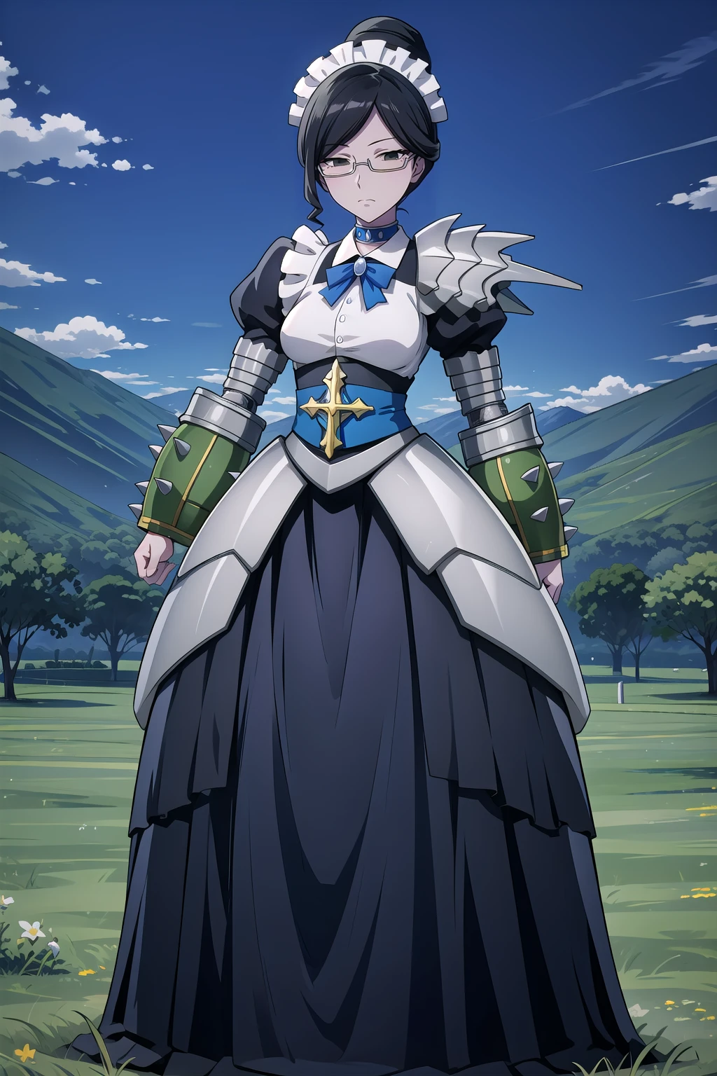 alpha_Black_white_armored_maid_uniform, yurialpha, solo, medium_breasts, looking_at_viewer, closed_mouth, expressionless, black_eyes, white_maid_headdress, rimless_eyewear, blue_choker, blue_bowtie, single_pauldron, shoulder_armor, puffy_sleeves, green_gauntlets, spiked_gauntlets, blue_sash, cross_on_sash, gold_cross, armored_skirt, long_skirt, standing, full_body, outdoors, <lora:Alpha_V1.5_2:0.8>