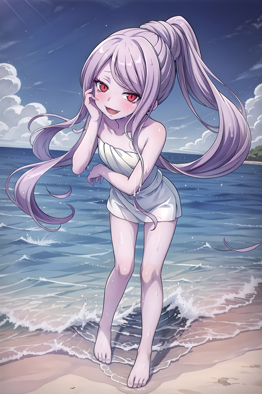 shalltearbloodfallen, flat_chest, looking_at_viewer, solo, simple_background, open_mouth, makeup, :3, :d, very_long_hair, hair_up, high_ponytail, vampire, tsurime, smile, fang, floating_hair, white_naked_towel, wet, steam, wet_hair, collarbone, bare_arms, bare_shoulders, barefoot, bare_legs, toes, hand_on_own_cheek, head_rest, leaning_forward, outdoors, standing, full_body, <lora:Shalltear_Bloodfallen_V2:0.9>