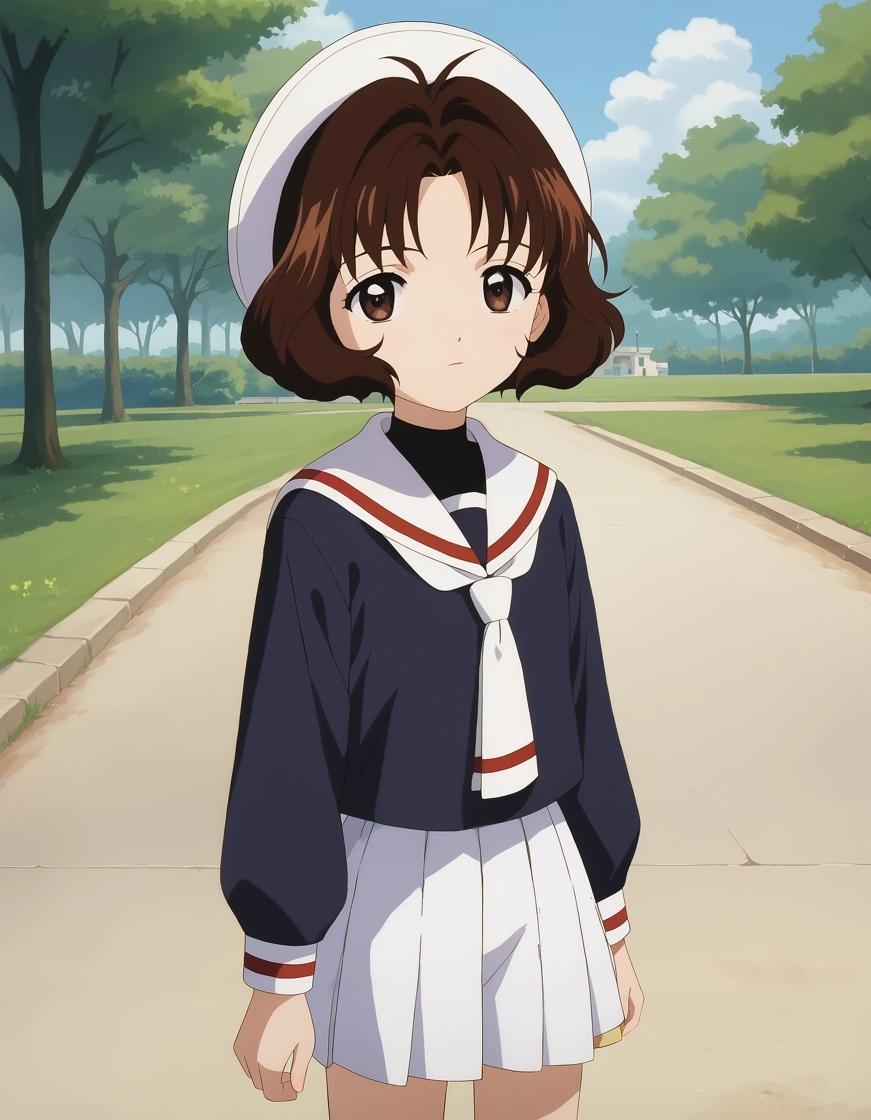 score_9, score_8_up, score_7_up, masterpiece, absurdres, source_anime, perfect anatomy,

1girl, solo, RikaSasaki, brown hair, short hair, bob cut, brown eyes,
school uniform, black blouse, white sailor collar, white skirt, short skirt, hat, white hat,

outdoors, park, looking at viewer, cowboy shot,