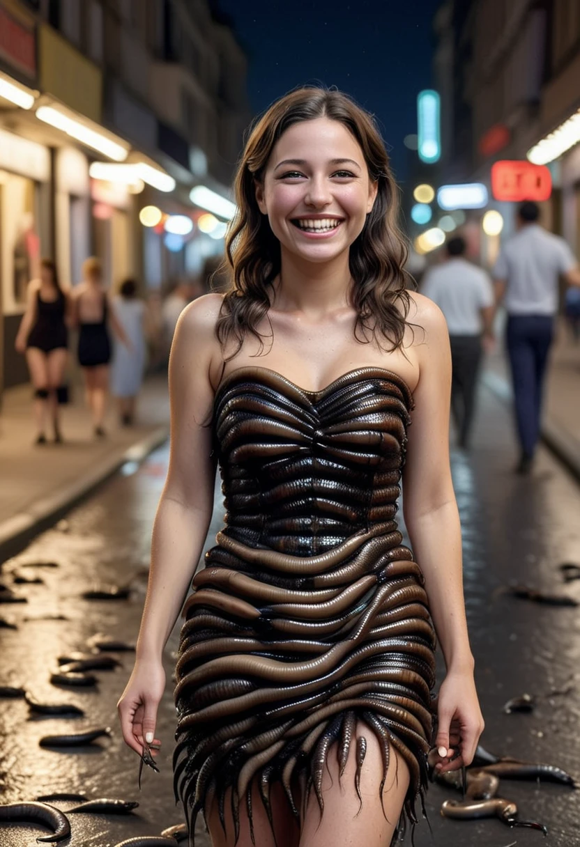 L33CH3S, a woman wearing a dress made of leeches,  woman smiling, set in the street at night, city, ,Masterpiece,best quality, raw photo, realistic, very aesthetic