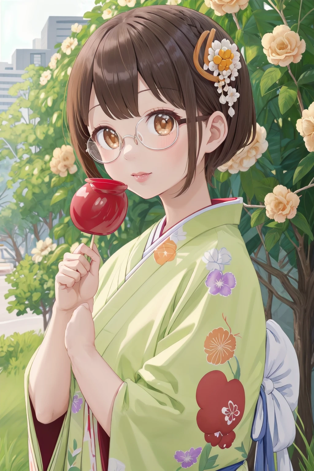 masterpiece, best quality, very aesthetic, absurdres, glasses,
ringoame, 1girl, food, brown hair,  japanese clothes, kimono, candy apple, hair ornament, looking at viewer, hair flower, brown eyes, flower, holding food, upper body, holding, short hair,  outdoors, bangs
<lora:ringoame_SD15_V1:0.8>