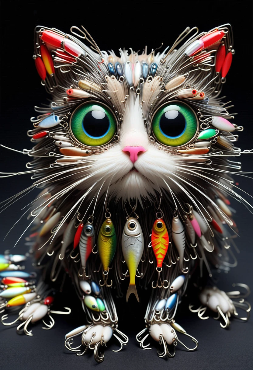 F15HLUR35, a cute cat is made of fishing lures, detailed face, (big eyes:0.9), detailed eyes, ,Masterpiece,best quality, raw photo, realistic, very aesthetic