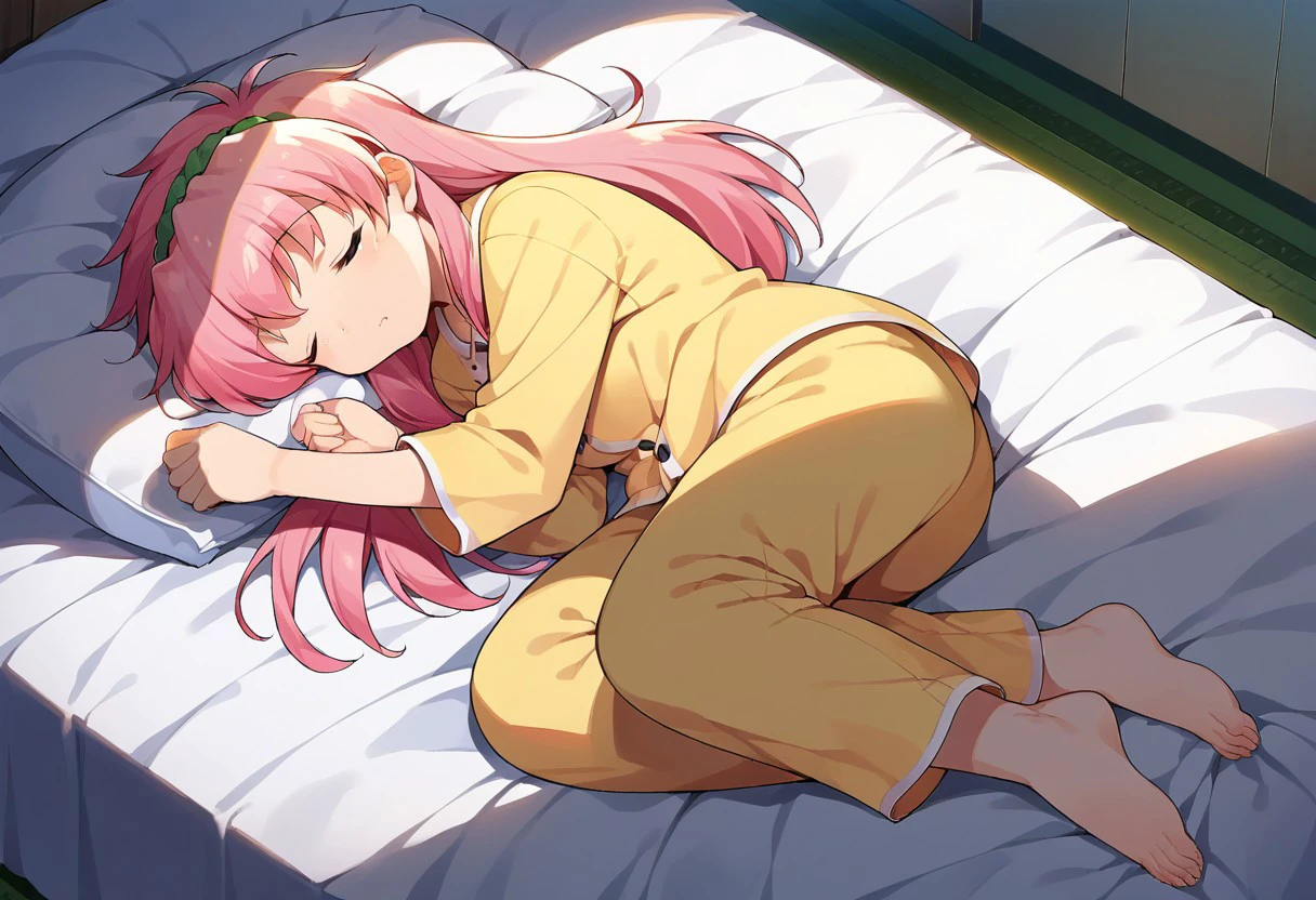 score_9, score_8_up, score_7_up, source_anime, milfeullesakuraba, sleeping, pajamas, barefoot